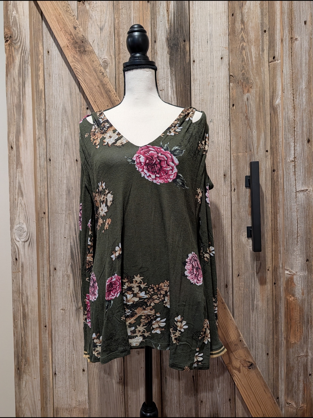 Desigual Olive Green Cold-Shoulder Long Sleeve Top with Pink Floral Print
